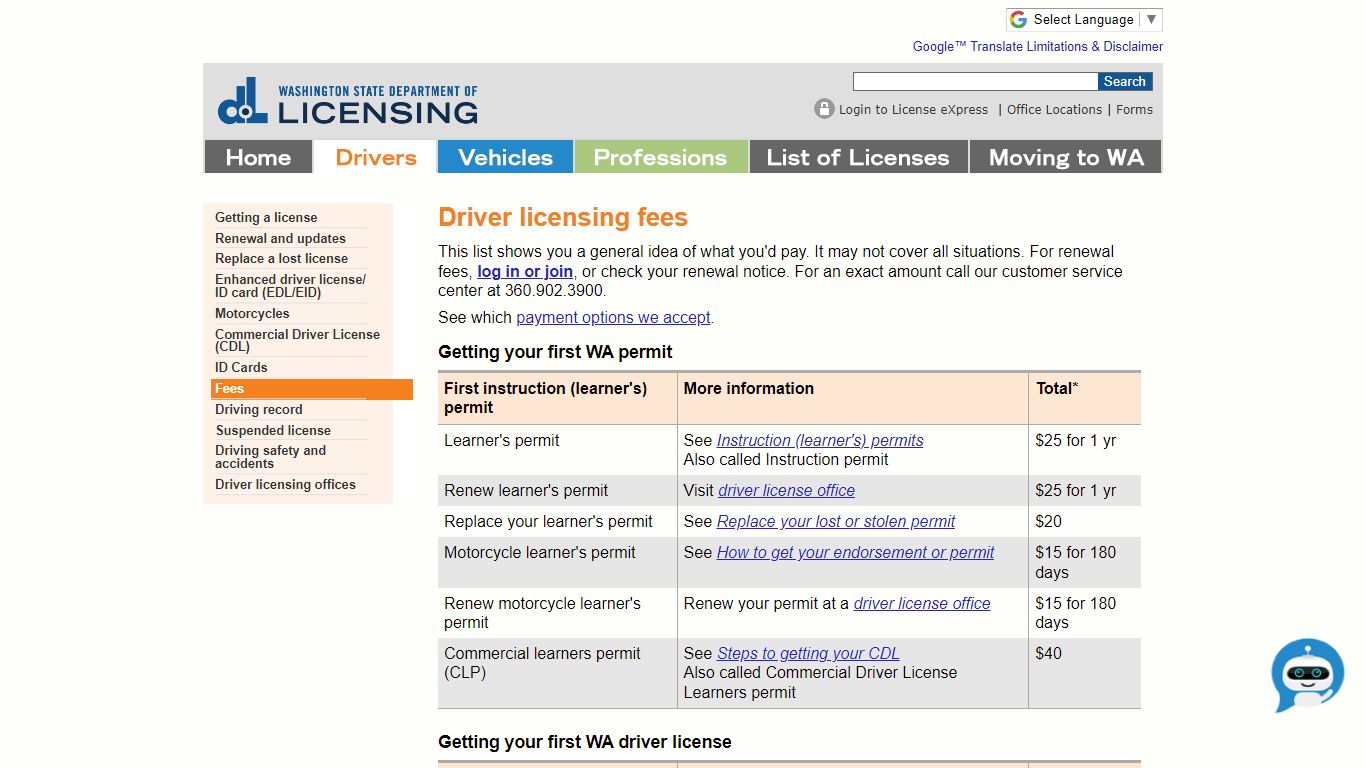 WA State Licensing (DOL) Official Site: Driver licensing fees - Washington